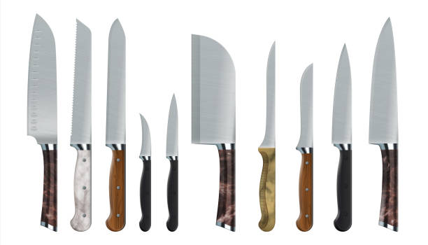istock Realistic knives. 3D food carving tools. Stainless steel sharp blades. Kitchen cutters. Metal cookware. Daggers for cutting meal into slices. Household kitchenware. Vector crockery 1323879406