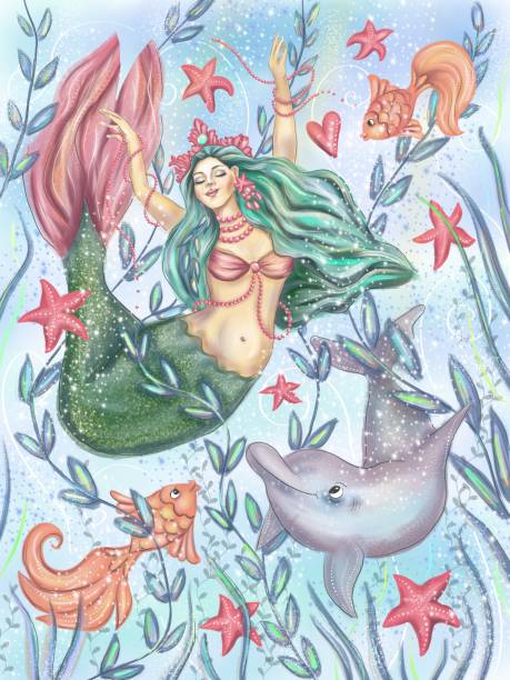 ilustrações de stock, clip art, desenhos animados e ícones de mermaid with dolphin and starfish, underwater sea life, ocean fairytale illustration - book magic picture book illustration and painting