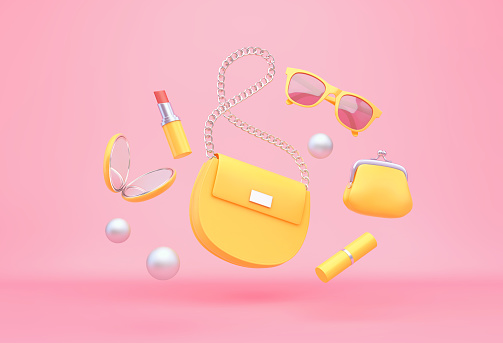 Yellow women's bag, purse, lipstick, mirror, sunglasses flying over pink background. Fashion concept. 3D rendering