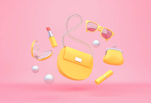 yellow women's bag, purse, lipstick, mirror, sunglasses flying over pink background - saco objeto manufaturado ilustrações imagens e fotografias de stock
