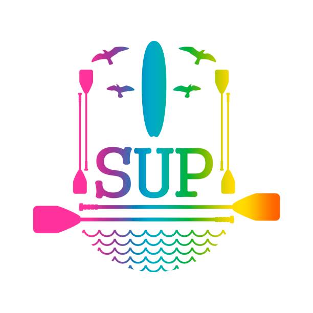 Stand up paddle boarding flat emblem illustration Surfboard and paddles. Surfing graphic and emblem for web design or print. Stand up paddle boarding paddleboard stock illustrations