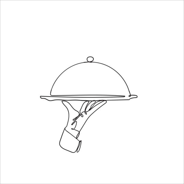 ручной рисовать каракули выступающей пищевой значок иллюстрации в непрерывной линии вектор стиля искусства - restaurant dinner waitress dining stock illustrations