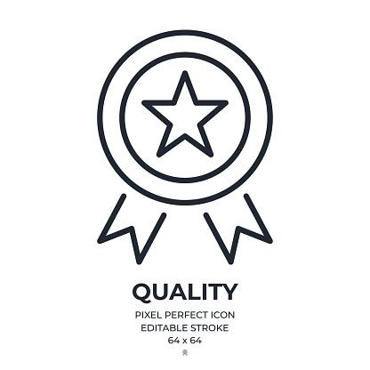 Quality concept editable stroke outline icon isolated on white background flat vector illustration. Pixel perfect. 64 x 64.