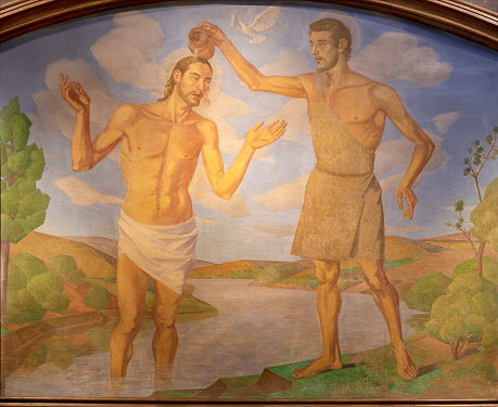 Barcelona -The fresco of Baptism of Jesus in the church Parròquia de Sant Ramon de Penyafort by unknonw artist.