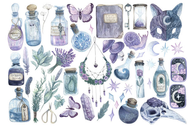 ilustrações de stock, clip art, desenhos animados e ícones de watercolor clip-art with mystical items, ingredients, herbs, potion bottles and stars. - voodoo