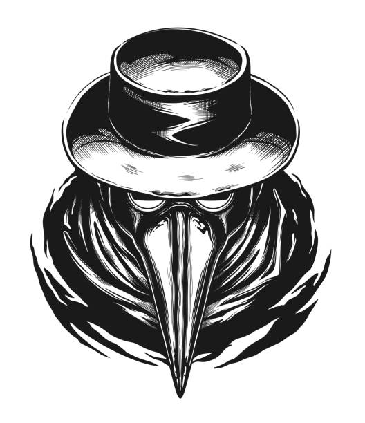 Plague doctor face Plague doctor portrait digital vector ink illustration. epidemic stock illustrations