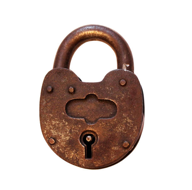 Hanging old rusty padlock, isolated on white background.