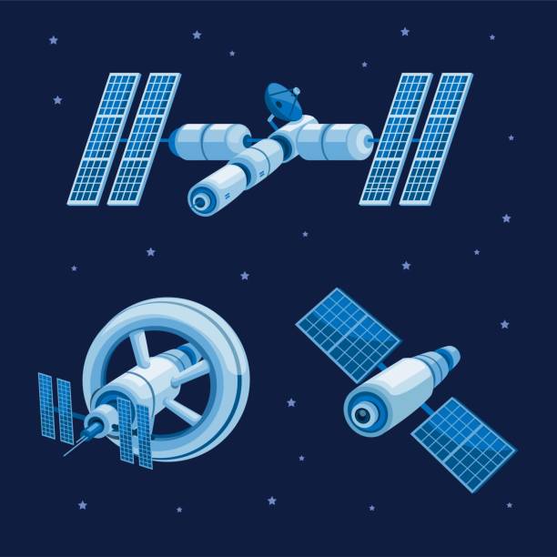 raumstation und satelliten-orbit in galaxie sammlung set konzept in cartoon-illustration vektor - internationale weltraumstation stock-grafiken, -clipart, -cartoons und -symbole