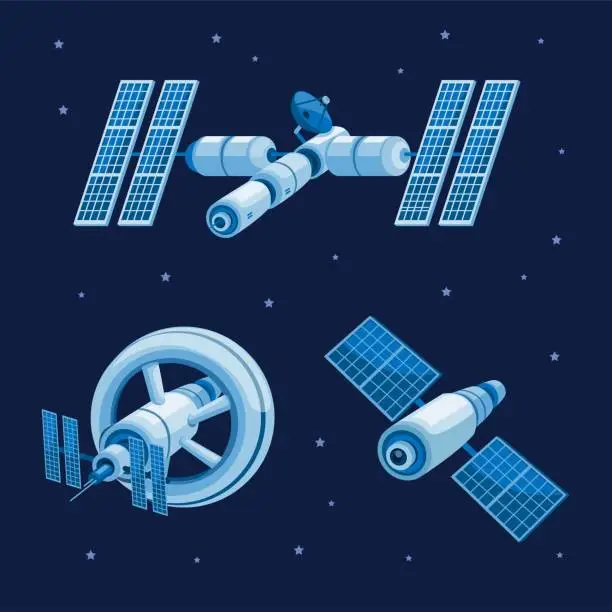 Vector illustration of space station and satellite orbit in galaxy collection set concept in cartoon illustration vector