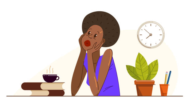 ilustrações, clipart, desenhos animados e ícones de jovem funcionária de escritório de etnia africana fazendo pausa para o café durante um dia de ilustração plana vetorial isolada, funcionário relaxado descansando, trabalho feito, trabalho acabado, preguiçoso. - coffee sack bag espresso