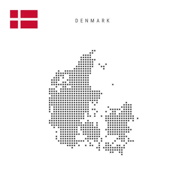 Vector illustration of Square dots pattern map of Denmark. Danish dotted pixel map with flag. Vector illustration