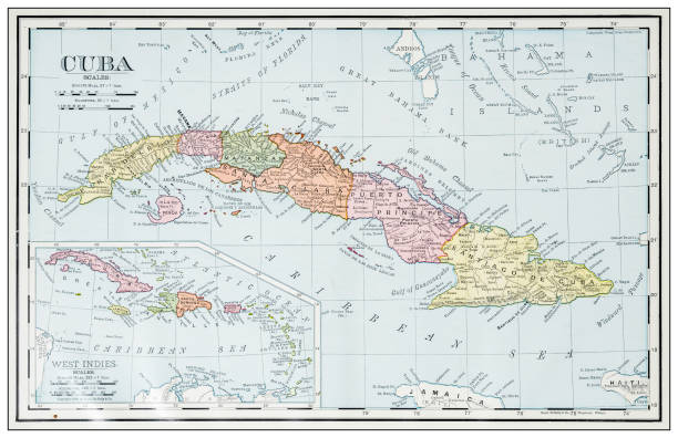 Antique map of Cuba and Antilles Antique map of Cuba and Antilles jamaica map island illustration and painting stock illustrations