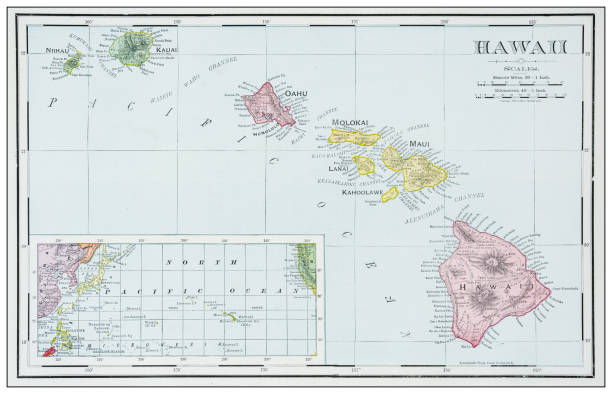 antike karte von hawaii - hawaii inselgruppe stock-grafiken, -clipart, -cartoons und -symbole