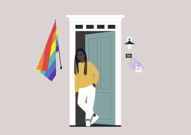 ilustrações de stock, clip art, desenhos animados e ícones de a young female black character standing outside their entrance door with a rainbow flag on the wall, a safe space for the lgbtq community, coming out - open front door