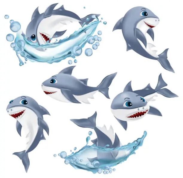 Vector illustration of Shark on different pose. Cute shark cartoon character. Shark with open mouth. Sea creature icon. Vector illustration.