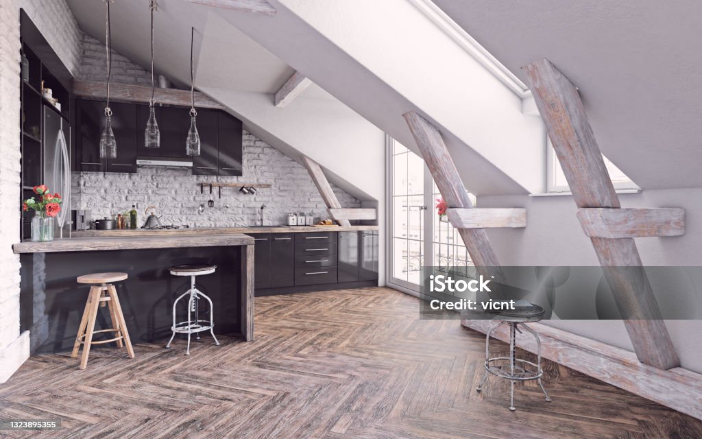 modern living interior modern attic kitchen interior design. 3d concept illustration Attic Stock Photo