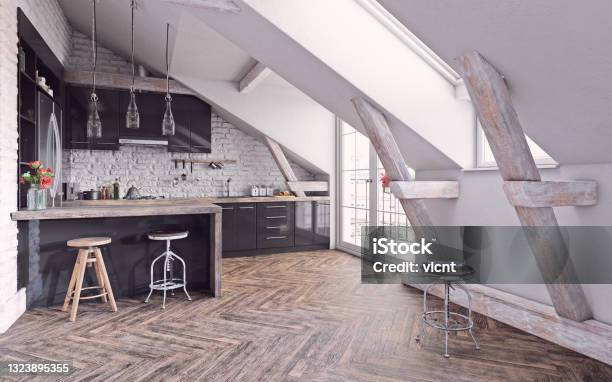 Modern Living Interior Stock Photo - Download Image Now - Attic, Loft Apartment, Kitchen