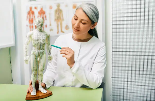 Photo of Mature woman acupuncturist, doctor of traditional Chinese medicine showing points on acupuncture model of human body