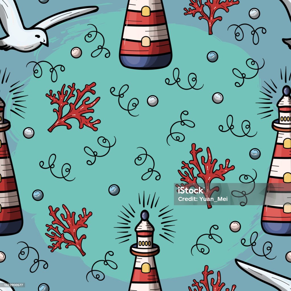 Seagull Bird Lighthouse Seamless Backgrounds Stock Illustration ...