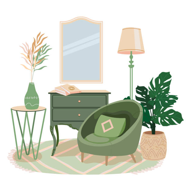 istock Cozy room interior with modern armchair. Vector cozy furniture elements 1323901664