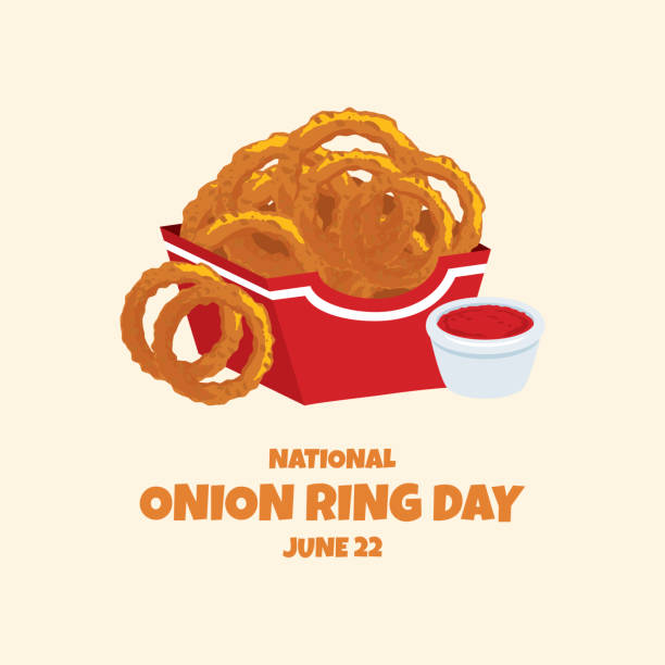 National Onion Ring Day vector Fried onion rings with tomato dip vector. American delicacy food icon. Onion Ring Day Poster, June 22. Important day fried onion rings stock illustrations
