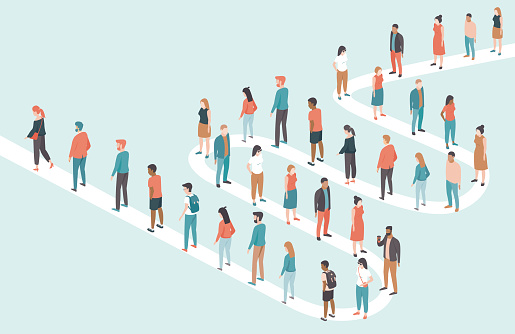 Large multiracial multiethnic group of people standing in long queues. Flat vector illustration