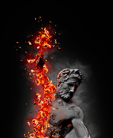 Muscular fiery arm, lava effect, lapilli and burning embers. Fury. Anger. Hercules. Mythological figure. Statue. 3d render