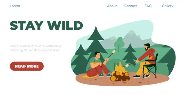 Vector illustration of Two male characters tourists rest near campfire and fry marshmallow.