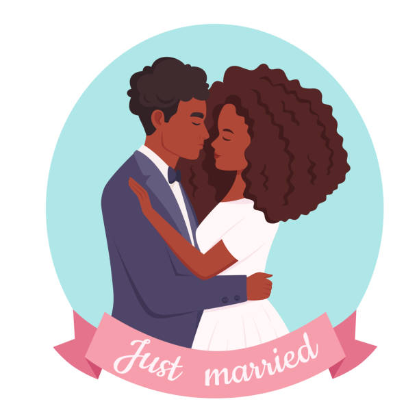 Wedding couple. African american married couple. Wedding portrait. Vector illustration Vector illustration for cards, icons, postcards, banners, logotypes, posters and professional design. african bride and groom stock illustrations