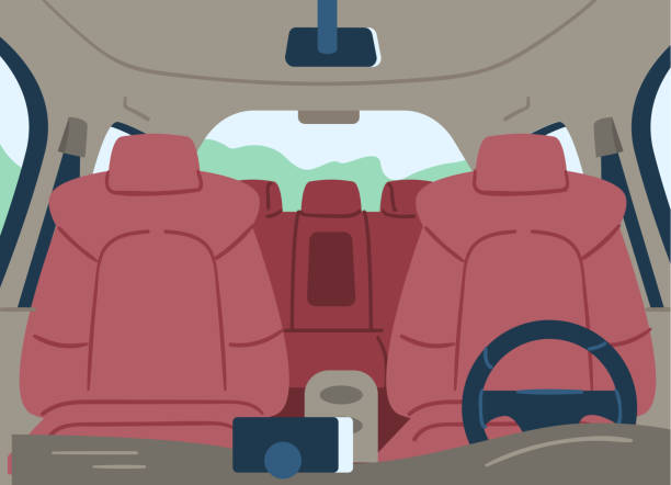 illustrazioni stock, clip art, cartoni animati e icone di tendenza di cabina auto vuota o vista interna dal parabrezza, illustrazione vettoriale piatta. - interno di automobile