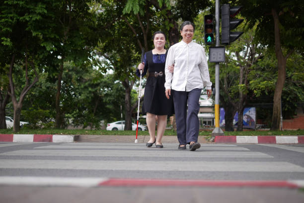 Blind person Asian woman with white cane crossing street walking on crosswalk with the sighted guide person senior woman by holding the guide's arm. Helping people with disabilities concepts. Blind person Asian woman with white cane crossing street walking on crosswalk with the sighted guide person senior woman by holding the guide's arm. Helping people with disabilities concepts. blindness stock pictures, royalty-free photos & images