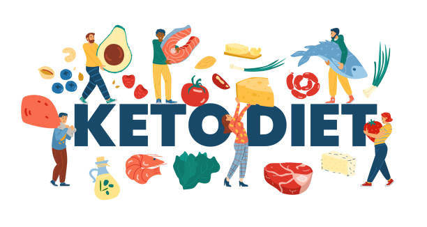 Keto Diet web banner with tiny people, cartoon vector illustration isolated. Keto Diet web banner template with tiny people at backdrop with huge lettering, cartoon vector illustration isolated on white background. Low carb keto nutrition concept. ketogenic diet illustrations stock illustrations