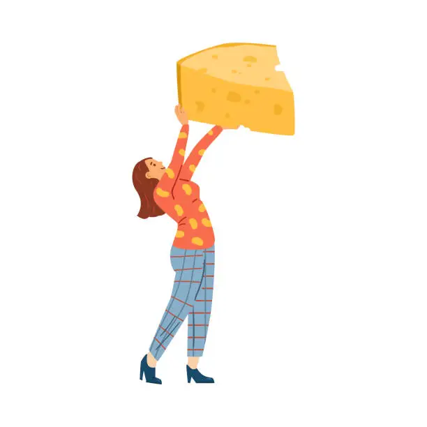Vector illustration of Woman character holding huge piece of cheese flat vector illustration isolated.