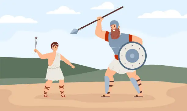 Vector illustration of Biblical king David fighting with giant Goliath, flat vector illustration.