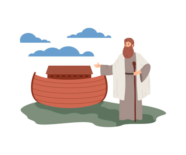 biblische flut mit noah in der nähe von arche stehen, flache vektor-illustration isoliert. - ark noah flood rescue stock-grafiken, -clipart, -cartoons und -symbole