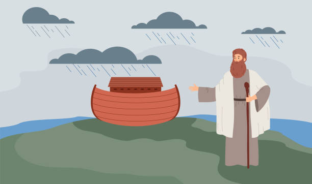 illustrazioni stock, clip art, cartoni animati e icone di tendenza di sfondo con bibbia patriarca ebraico noè e arca, illustrazione vettoriale piatta. - torah ark
