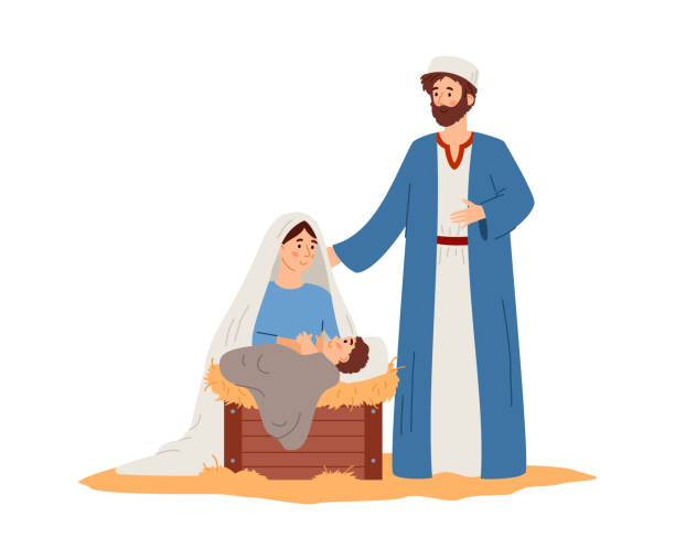 ilustrações de stock, clip art, desenhos animados e ícones de happy holy family joseph and mary with newborn baby jesus a vector illustration. - joseph