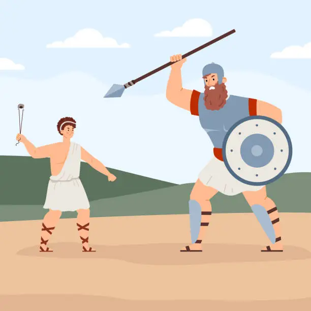 Vector illustration of Fight of bible characters goliath and david a flat cartoon vector illustration