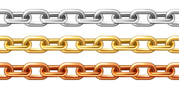 ilustrações de stock, clip art, desenhos animados e ícones de realistic seamless golden, silver and bronze chains isolated on white background. metal chain with shiny gold plated links. vector illustration - gold plated