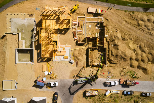 Aerial View of a Construction Site A top down aerial view of a home under construction. Ground works stock pictures, royalty-free photos & images