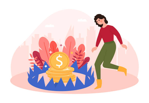 ilustraciones, imágenes clip art, dibujos animados e iconos de stock de personaje femenino sonriente está corriendo para atrapar la moneda en la trampa de hierro - greed currency running business