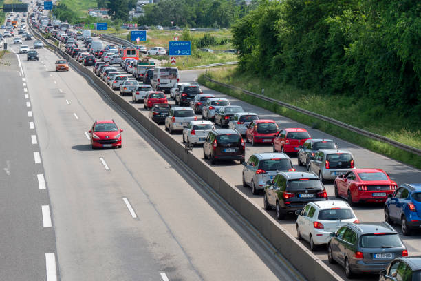 traffic jam on german highway a643 - traffic jam traffic germany car imagens e fotografias de stock