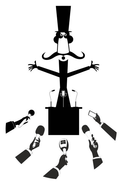 男はマスメディアの前でトリビューンにとどまる。図 - press conference microphone interview silhouette点のイラスト素材／��クリップアート素材／マンガ素材／アイコン素材