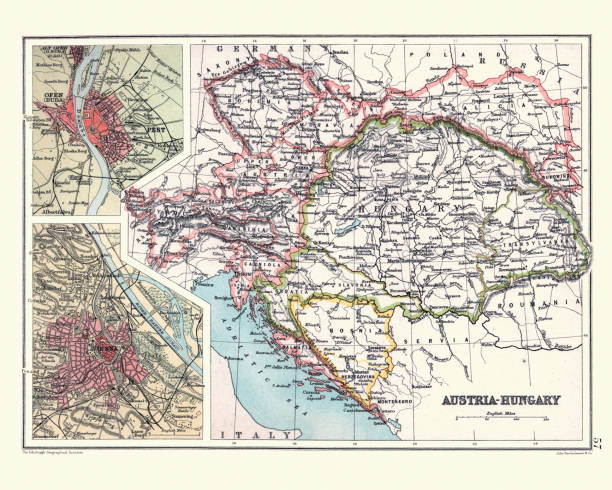 antike karte von österreich ungarn, details von wien und budapest, 19. jahrhundert - hungary budapest map cartography stock-grafiken, -clipart, -cartoons und -symbole