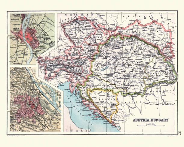 Antique Map of Austria Hungary, details of Vienna and Budapest, 19th Century Antique Map of Austria Hungary, details of Vienna and Budapest, 19th Century austria map stock illustrations
