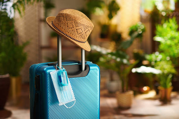 istock wheel bag with sanitiser, medical mask and straw hat 1323921707