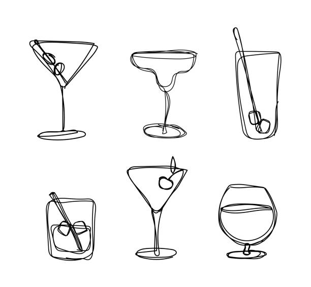 illustrazioni stock, clip art, cartoni animati e icone di tendenza di illustrazione vettoriale di un set di bicchieri con cocktail in stile una riga. la collezione può essere utilizzata singolarmente. può essere applicato a icone, loghi, adesivi. - cocktail