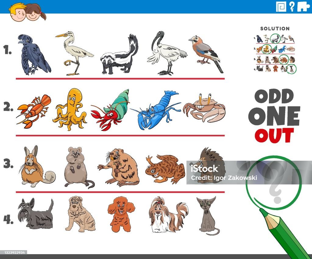 Odd One Out Picture Task With Cartoon Characters Stock Illustration -  Download Image Now - Dog, Activity, Animal - iStock