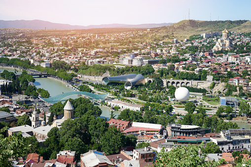 Tbilisi center city on bright sunny day aerial view