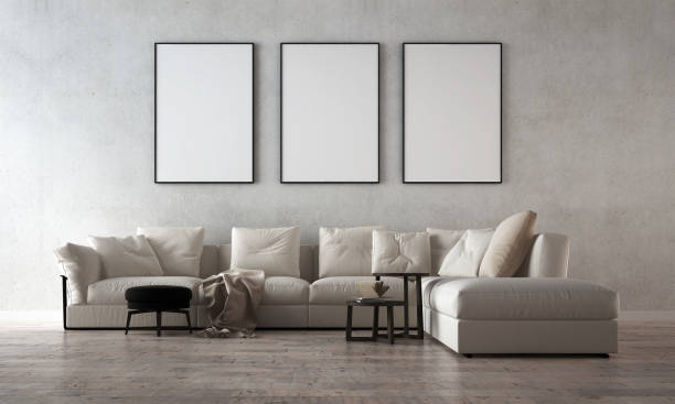 istock Modern living room interior design and empty canvas frame decoration and concrete wall background, 3d rendering 1323925245
